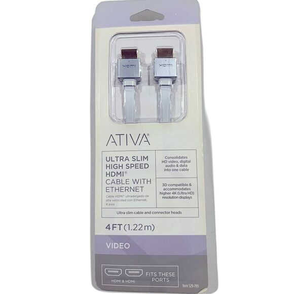 ATIVA Ultra Slim High Speed HDMI Cable with Ethernet 4 FT., Video-NIB - Picture 1 of 1